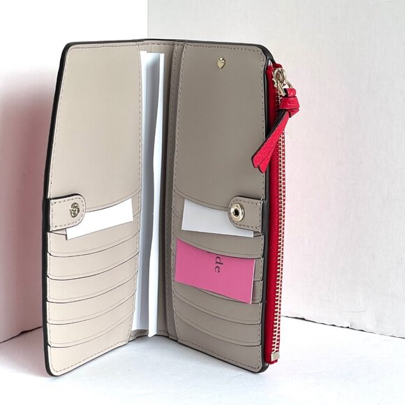 Kate Spade Knott Bifold Wallet Red Leather Slim Snap Billfold Zip Pocket - Picture 3 of 4